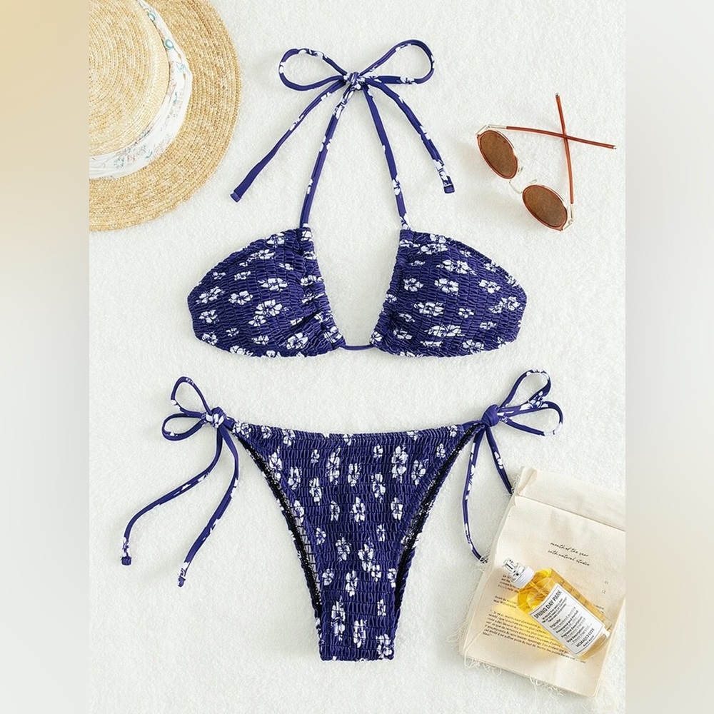 Navy Blue Floral Smocked Tie Side Bikini Swimsuit Set - Picture 3 of 5
